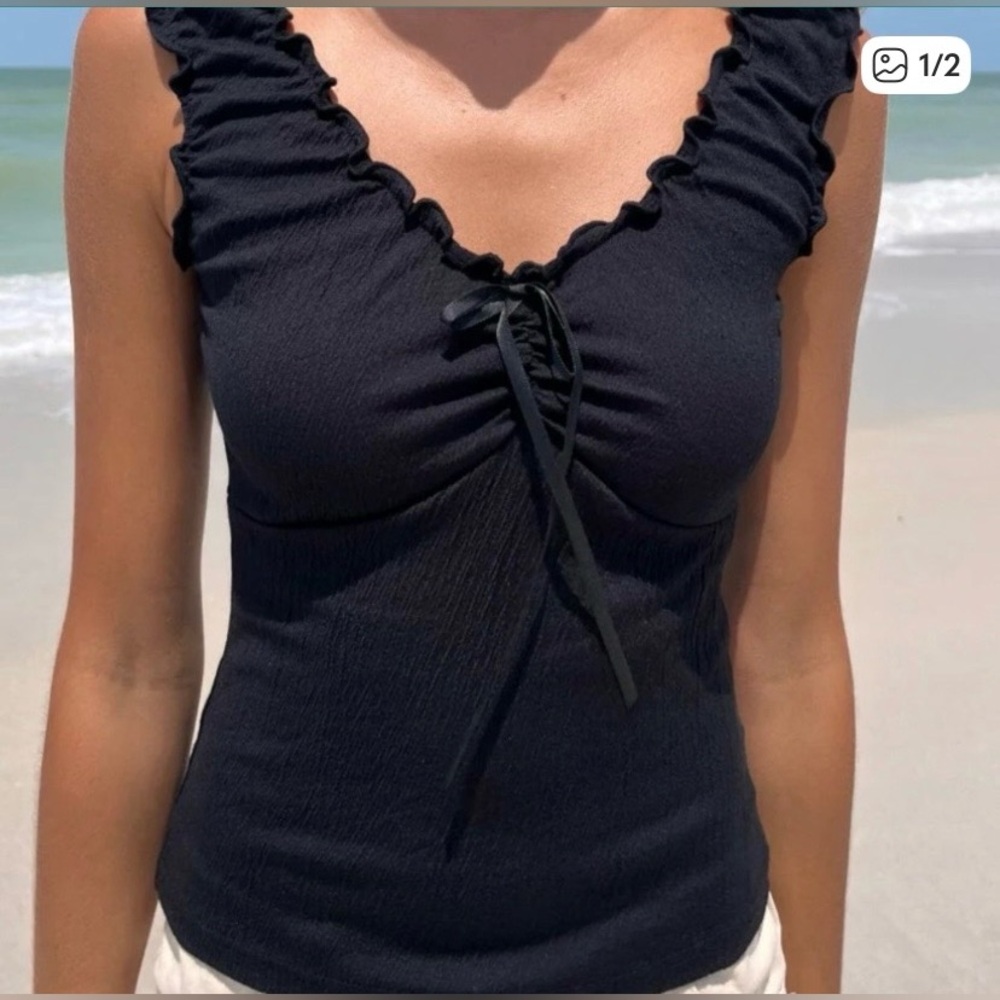 Brandy Melville Black Malena Lettuce Ruffle Detail Milkmaid Tank Top - Sz OS